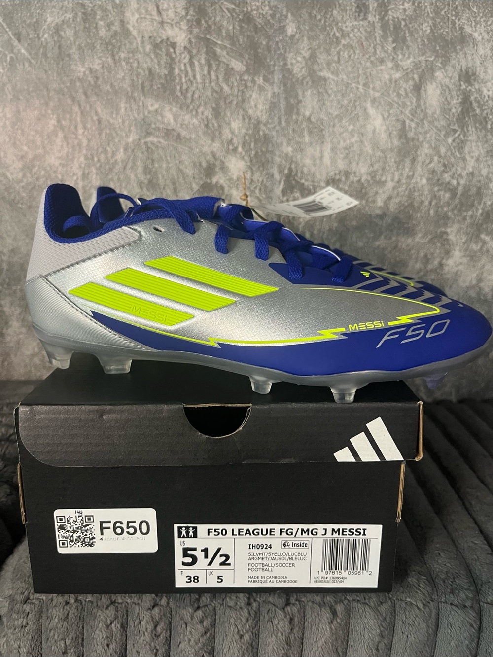 adidas F50 Messi Soccer Cleats — Blue/Neon Yellow/Silver Youth 5.5 new in box
